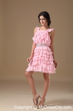 Ruffled Layers Pink Scoop Short Chiffon Beaded Homecoming Dress