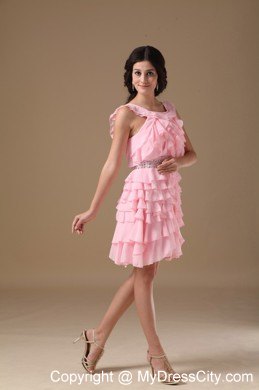 Ruffled Layers Pink Scoop Short Chiffon Beaded Homecoming Dress