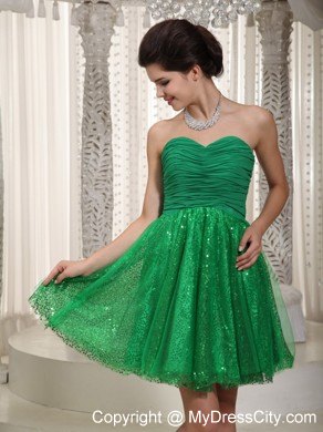 Sequin Green Ruching Tulle Homecoming Cocktail Dress Sweetheart