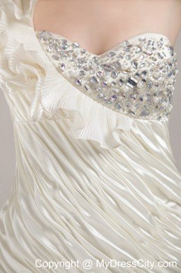 White Ruffled Shoulder Ruching Beaded Prom Homecoming Dresses