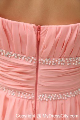 Asymmetrical Baby Pink Beading High-low Homecoming Prom Dress