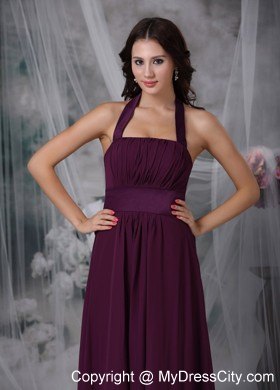 Halter Ankle-length Ruched Burgundy Chiffon Bridesmaid Dress