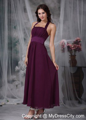 Halter Ankle-length Ruched Burgundy Chiffon Bridesmaid Dress