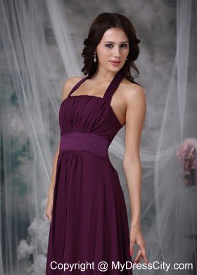 Halter Ankle-length Ruched Burgundy Chiffon Bridesmaid Dress