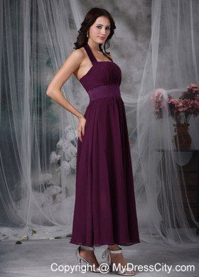 Halter Ankle-length Ruched Burgundy Chiffon Bridesmaid Dress