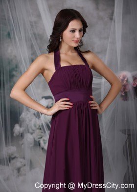 Halter Ankle-length Ruched Burgundy Chiffon Bridesmaid Dress