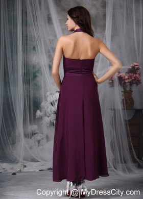 Halter Ankle-length Ruched Burgundy Chiffon Bridesmaid Dress