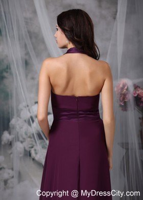 Halter Ankle-length Ruched Burgundy Chiffon Bridesmaid Dress