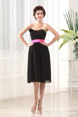 Black Chiffon Knee-length Bridesmaid Dress with Hot Pink Sash