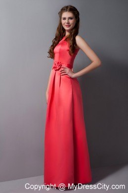 Long Rust Red High-neck Bridesmaid Dress with Flower Sash