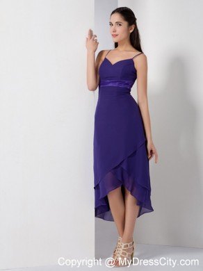 High-low Spaghetti Straps Tiers Bridesmaid Dress with Ribbon