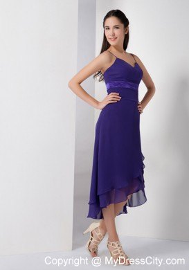 High-low Spaghetti Straps Tiers Bridesmaid Dress with Ribbon