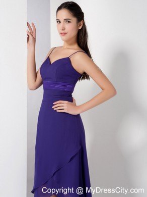 High-low Spaghetti Straps Tiers Bridesmaid Dress with Ribbon