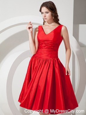 Princess V-neck Tea-length Ruching Dresses For Bridesmaid