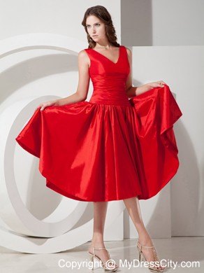 Princess V-neck Tea-length Ruching Dresses For Bridesmaid