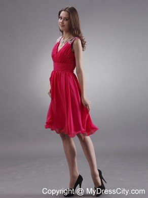 Red Beading Straps Ruching Short Junior Bridesmaid Dress For Woman