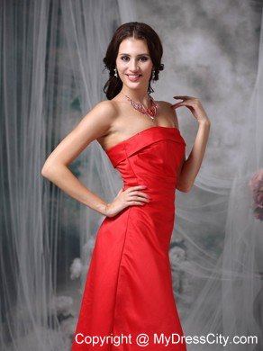 Red Column Strapless Maid of Honor Dress with Lace-up Back