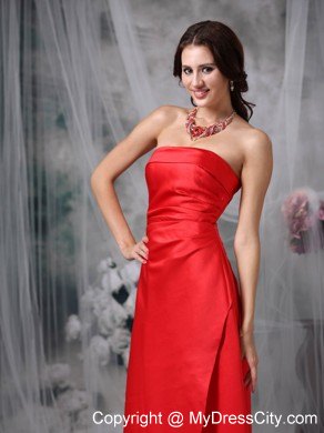 Red Column Strapless Maid of Honor Dress with Lace-up Back