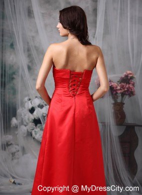 Red Column Strapless Maid of Honor Dress with Lace-up Back