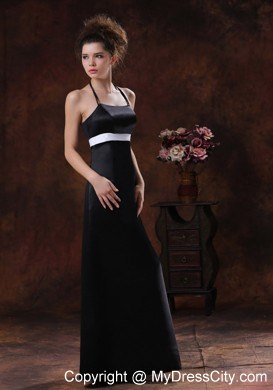 Halter Floor-length Column Black Dresses For Bridesmaid with White Sash