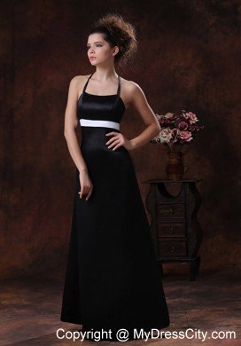 Halter Floor-length Column Black Dresses For Bridesmaid with White Sash