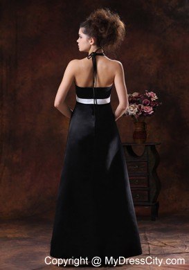 Halter Floor-length Column Black Dresses For Bridesmaid with White Sash