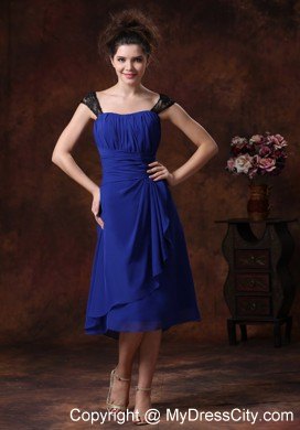 Ruched Straps Chiffon Tea-length Bridesmaids Dresses in Blue