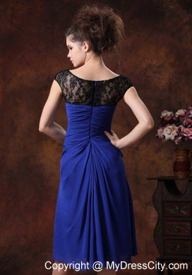 Ruched Straps Chiffon Tea-length Bridesmaids Dresses in Blue