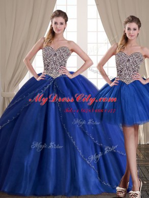 Three Piece Floor Length Royal Blue Quinceanera Gowns Sweetheart Sleeveless Lace Up