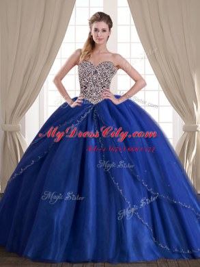 Three Piece Floor Length Royal Blue Quinceanera Gowns Sweetheart Sleeveless Lace Up