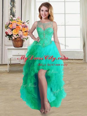 Noble Four Piece Turquoise Lace Up Scoop Beading and Ruffles Quinceanera Gown Tulle Sleeveless