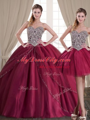 Modest Three Piece Beading Vestidos de Quinceanera Burgundy Lace Up Sleeveless Floor Length