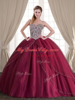 Modest Three Piece Beading Vestidos de Quinceanera Burgundy Lace Up Sleeveless Floor Length