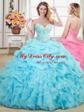 Three Piece Sleeveless Organza Floor Length Lace Up Sweet 16 Quinceanera Dress in Aqua Blue with Beading and Ruffles and Pick Ups