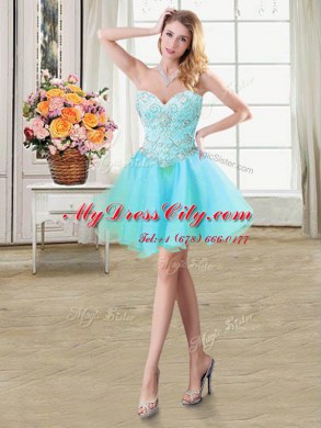 Three Piece Sleeveless Organza Floor Length Lace Up Sweet 16 Quinceanera Dress in Aqua Blue with Beading and Ruffles and Pick Ups