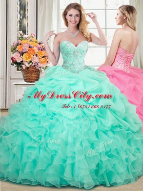 Fashionable Four Piece Apple Green Ball Gowns Sweetheart Sleeveless Organza Floor Length Lace Up Beading and Ruffles and Pick Ups Vestidos de Quinceanera