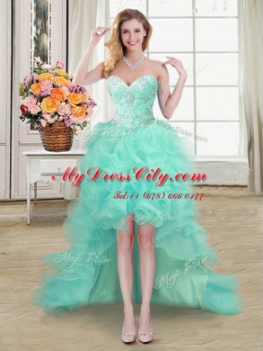 Fashionable Four Piece Apple Green Ball Gowns Sweetheart Sleeveless Organza Floor Length Lace Up Beading and Ruffles and Pick Ups Vestidos de Quinceanera