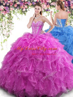 Customized Four Piece Sweetheart Sleeveless 15 Quinceanera Dress Floor Length Beading and Ruffles Fuchsia Tulle