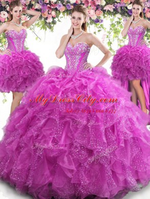 Customized Four Piece Sweetheart Sleeveless 15 Quinceanera Dress Floor Length Beading and Ruffles Fuchsia Tulle