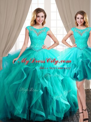 Glorious Three Piece Scoop Tulle Cap Sleeves Floor Length Quinceanera Dress Brush Train and Beading and Appliques and Ruffles