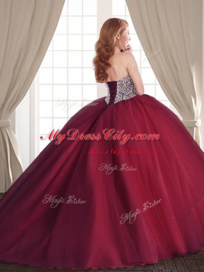 High End Three Piece Sleeveless With Train Beading Lace Up 15th Birthday Dress with Rust Red Brush Train