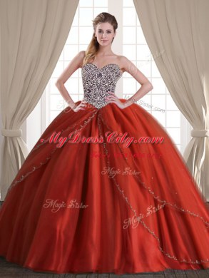 High End Three Piece Sleeveless With Train Beading Lace Up 15th Birthday Dress with Rust Red Brush Train