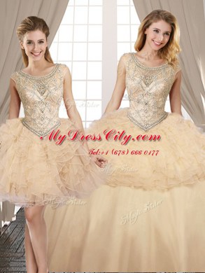 Custom Made Three Piece Champagne Scoop Neckline Beading and Ruffles Quinceanera Dress Sleeveless Lace Up