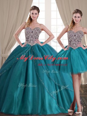 Wonderful Three Piece Teal Ball Gowns Tulle Sweetheart Sleeveless Beading With Train Lace Up 15 Quinceanera Dress Brush Train