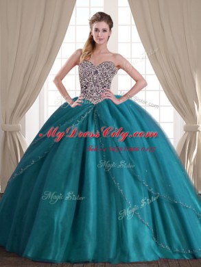 Wonderful Three Piece Teal Ball Gowns Tulle Sweetheart Sleeveless Beading With Train Lace Up 15 Quinceanera Dress Brush Train