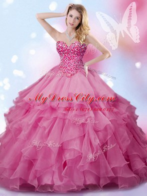 Discount Sweetheart Sleeveless 15 Quinceanera Dress Floor Length Beading Rose Pink Organza