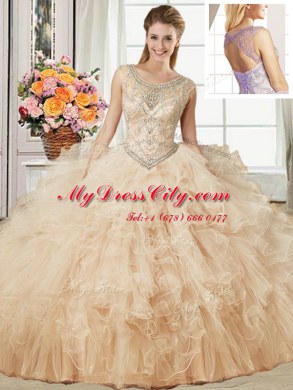 Three Piece Tulle Scoop Sleeveless Lace Up Beading and Ruffles Sweet 16 Dress in Champagne