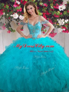 Fabulous Four Piece Off the Shoulder Teal Ball Gowns Beading and Ruffles 15 Quinceanera Dress Lace Up Tulle Sleeveless Floor Length