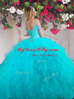 Fabulous Four Piece Off the Shoulder Teal Ball Gowns Beading and Ruffles 15 Quinceanera Dress Lace Up Tulle Sleeveless Floor Length