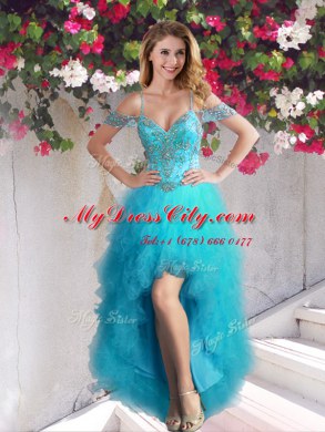 Fabulous Four Piece Off the Shoulder Teal Ball Gowns Beading and Ruffles 15 Quinceanera Dress Lace Up Tulle Sleeveless Floor Length